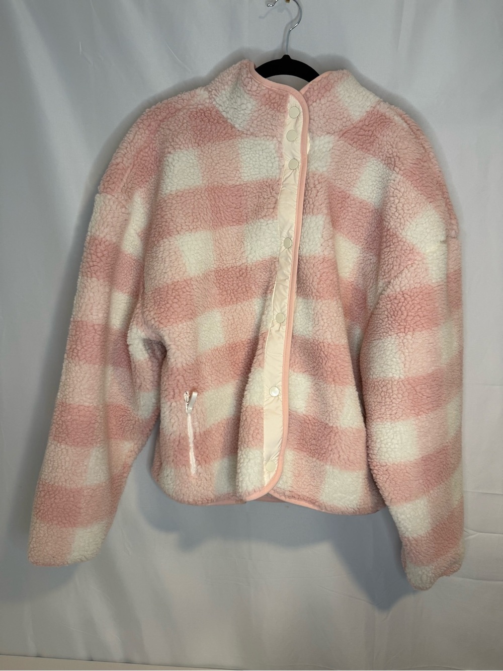 Fabletics Women’s Pink/White Plaid Fleece Snap Jacket w/ Pockets XL